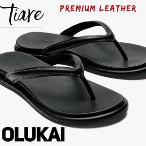 NEW Olukai Black Tiare Leather Arch Support Flip Flop Beach Sandal Size 11 NWT